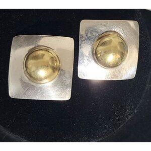 VTG Retro Mexico 925 Sterling Silver & Brass Domed Square Clip-On Earrings